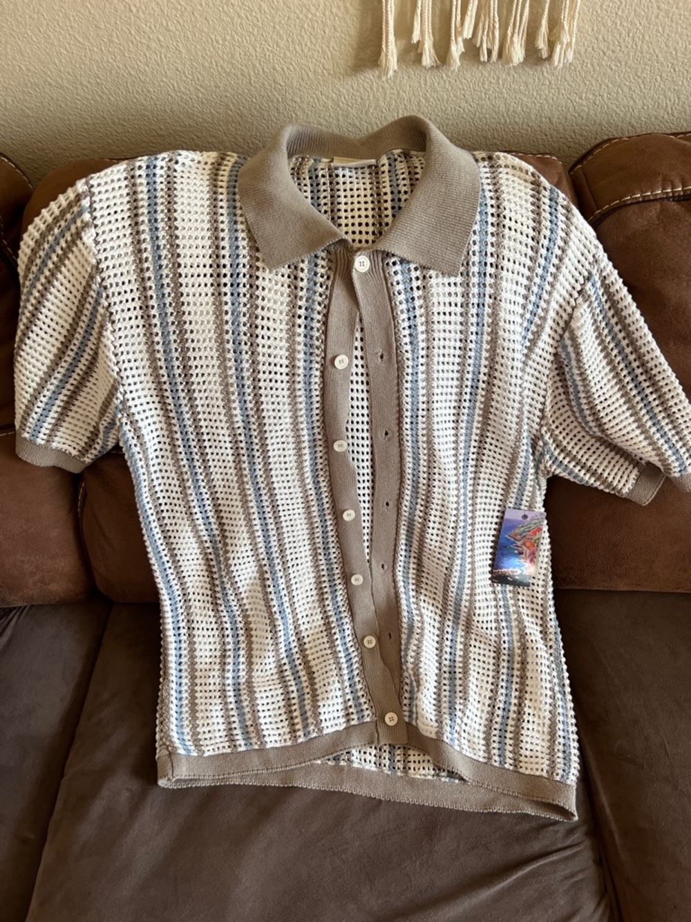 Mens Short-Sleeve Knit Polo Shirt in Beige with Blue Stripes